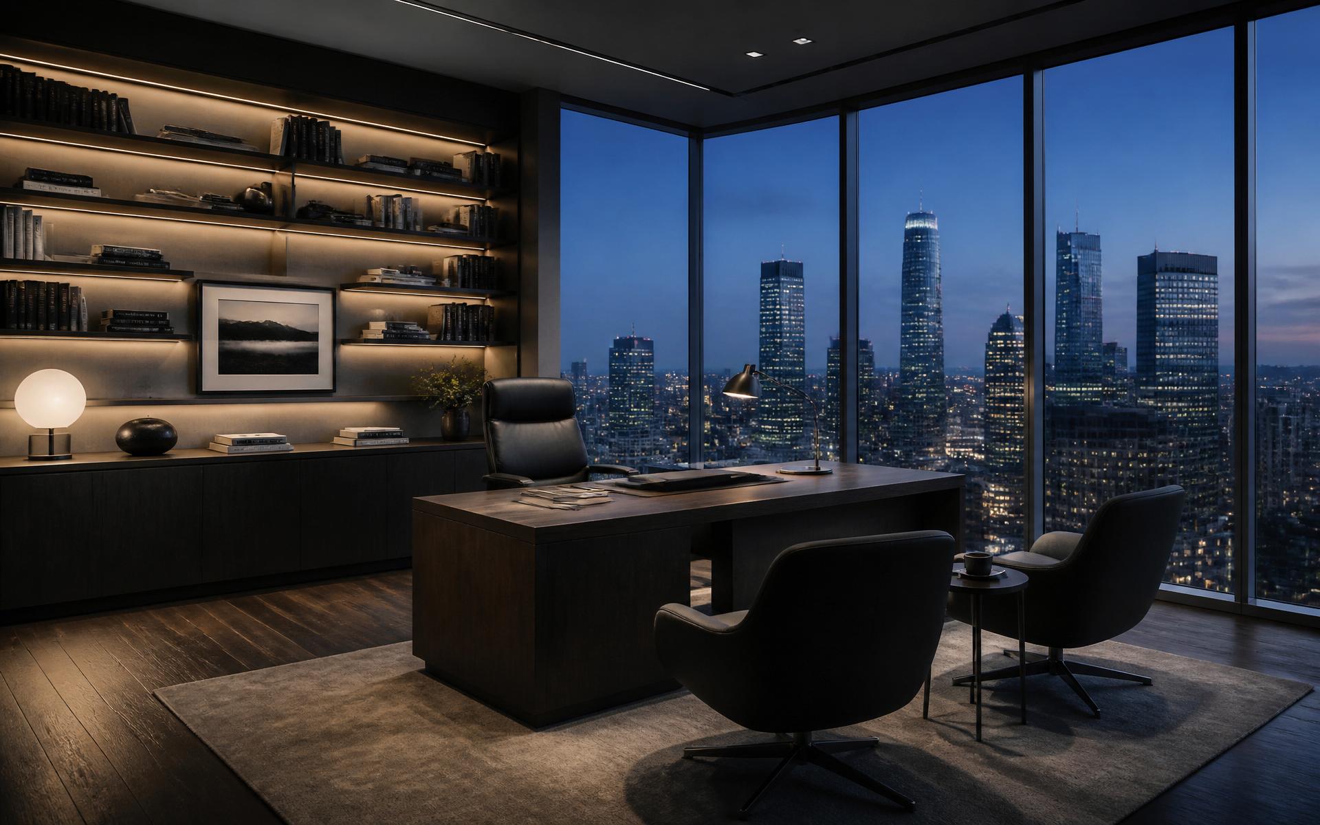 Executive workspace overlooking a city skyline at dusk